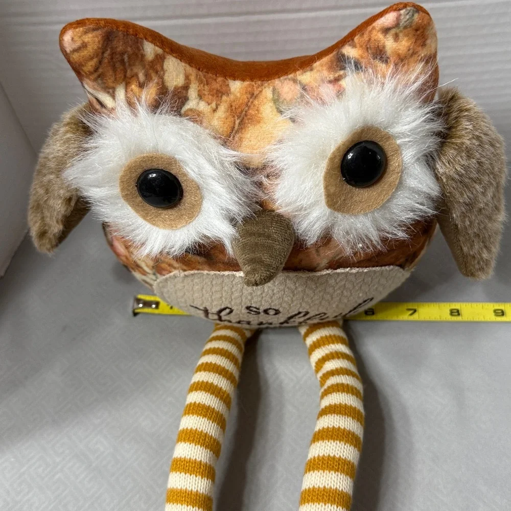 So Thankful Owl Plush Shelf Sitter with Striped Legs Big Eyes Furry Fall Colors